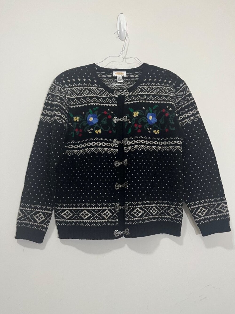 Vtg Talbots 100% Wool Fair Isle Nordic Clasps Sweater Cardigan Size M Fisherman